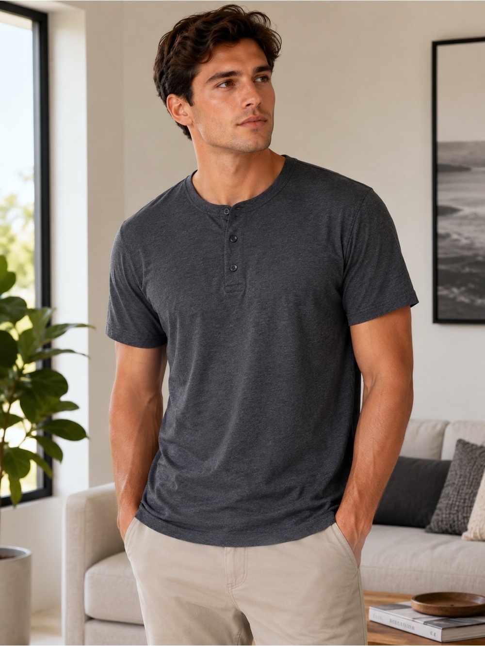 UNTUCKit Short-Sleeve Henley in Charcoal Gray Large